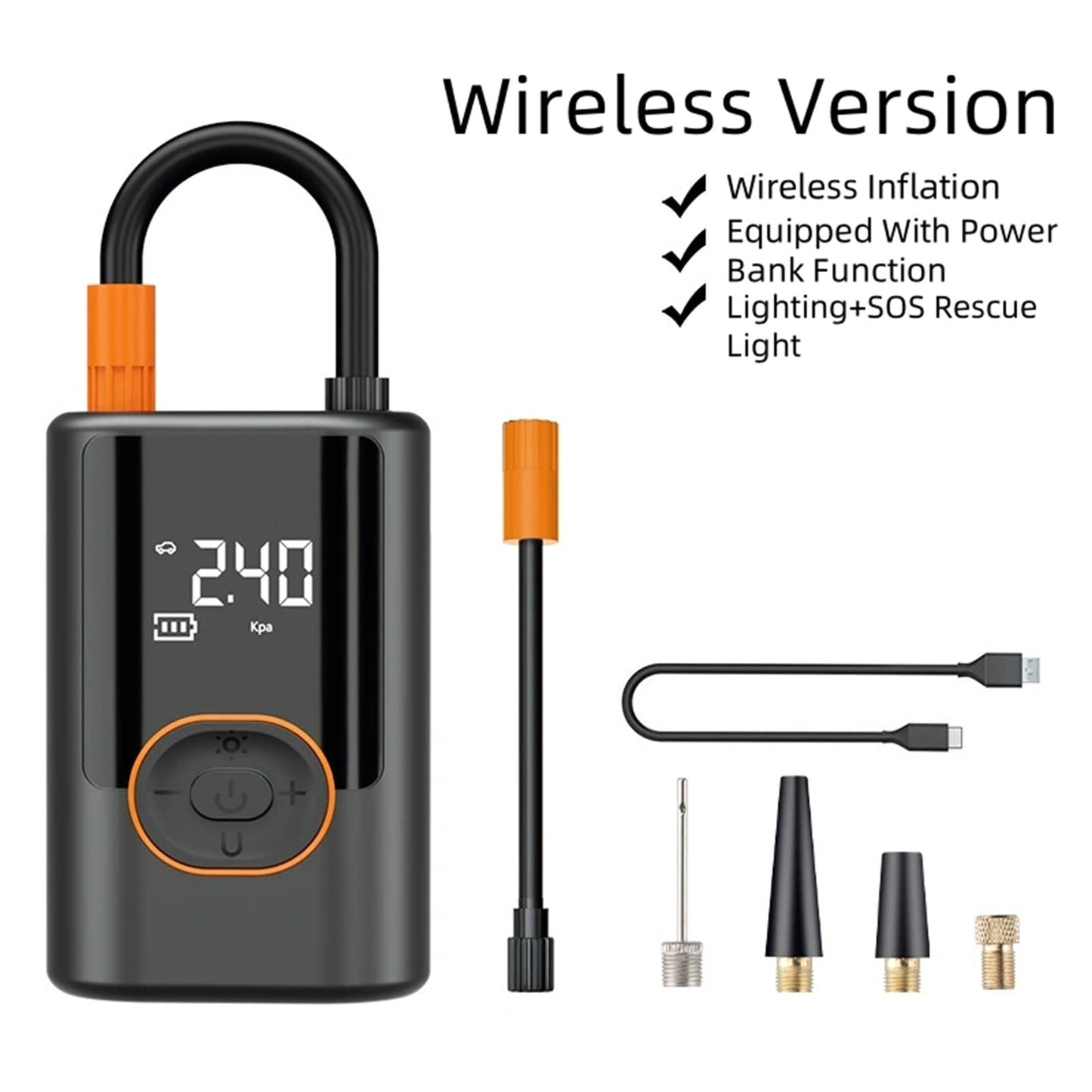 Compact Portable Car Tire Inflator with Wireless Fast Charging & Multi-Functionality