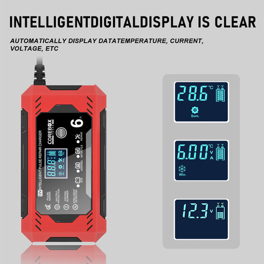12V 6A Smart Pulse Repair Charger with Auto Temperature Sensing & Multi-Mode Charging for AGM Batteries - EU & US Standards Compatible