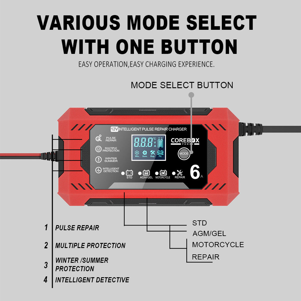 12V 6A Smart Pulse Repair Charger with Auto Temperature Sensing & Multi-Mode Charging for AGM Batteries - EU & US Standards Compatible