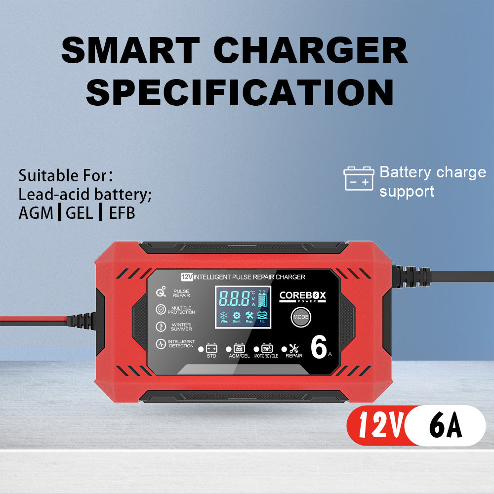 12V 6A Smart Pulse Repair Charger with Auto Temperature Sensing & Multi-Mode Charging for AGM Batteries - EU & US Standards Compatible